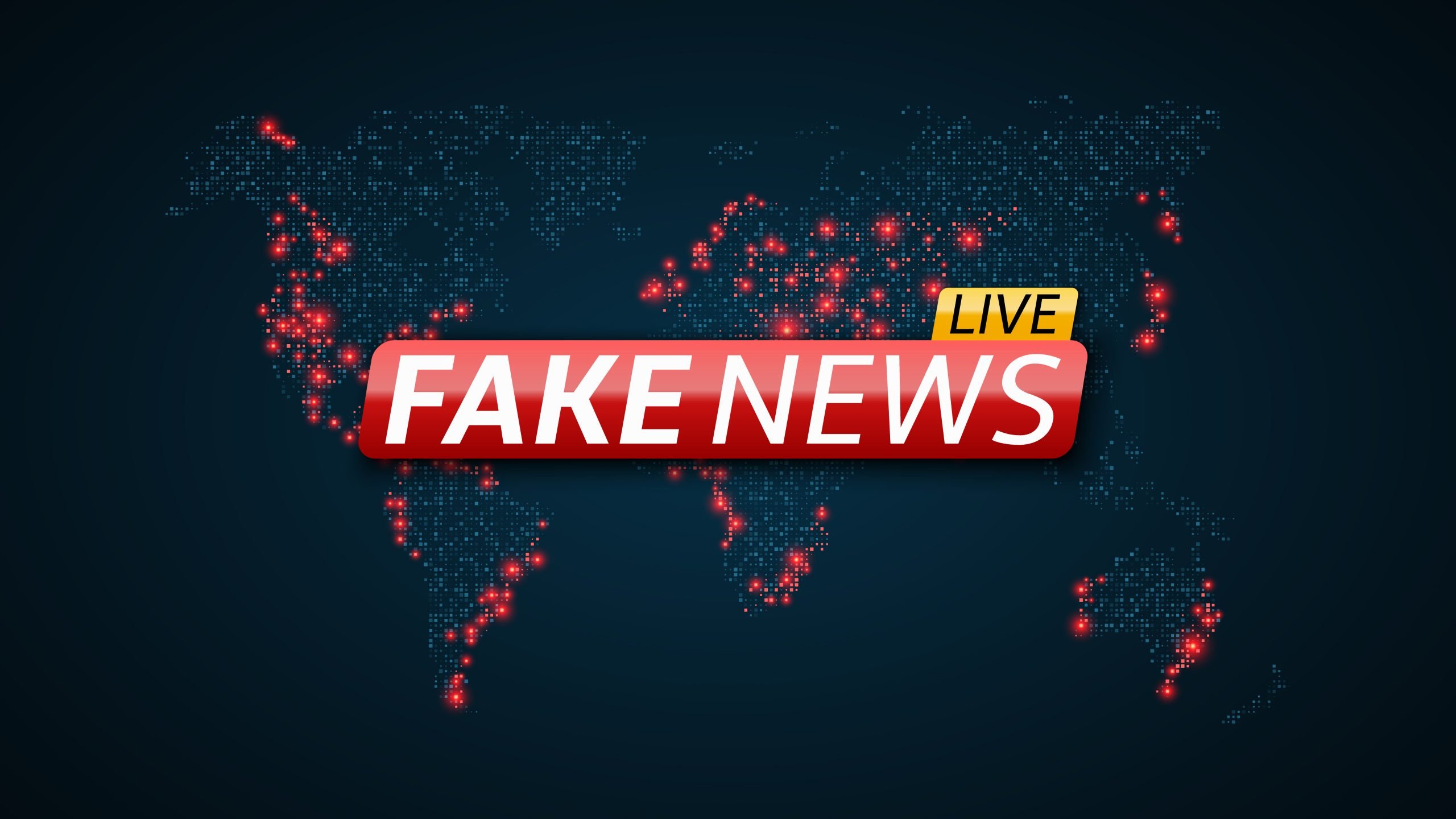 Red "fake news live" banner displayed over a world map.